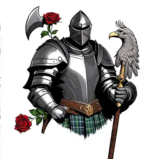 knight holding a rose and wearing scottish tartan with a german eagle on his armor and holding a viking axe tattoo design idea