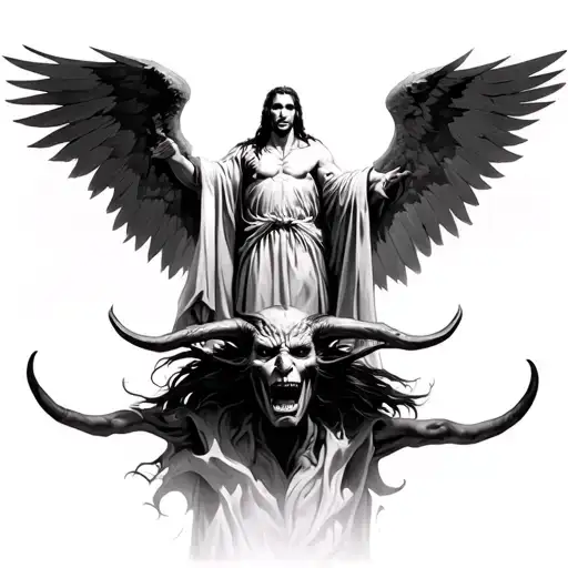 that painting where arcangel michael stands on the head of satan tattoo design idea