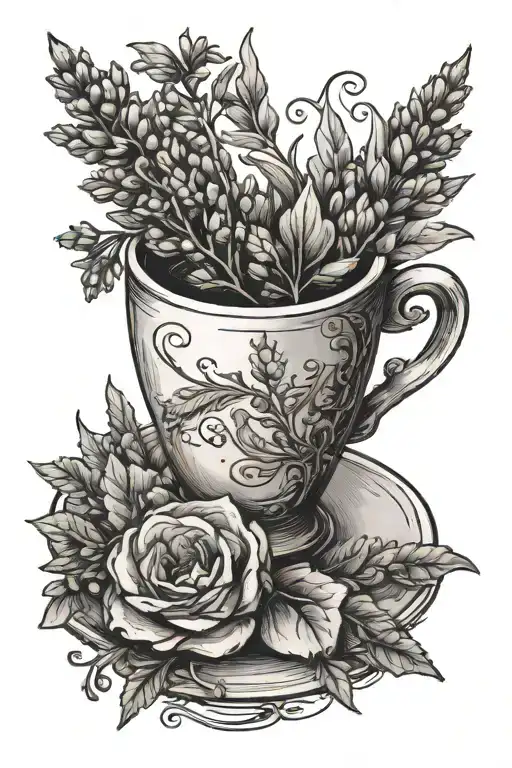 coffee cup with a lavender sprig tattoo design idea