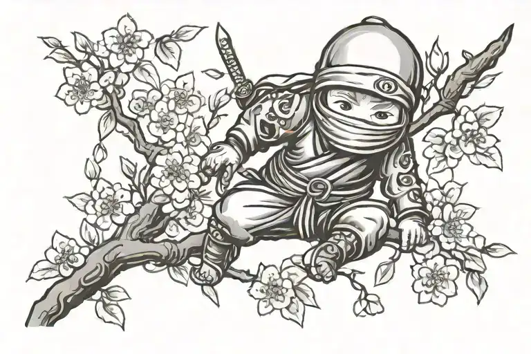 baby ninja with a dummy under a cherry blossom tree tattoo design idea