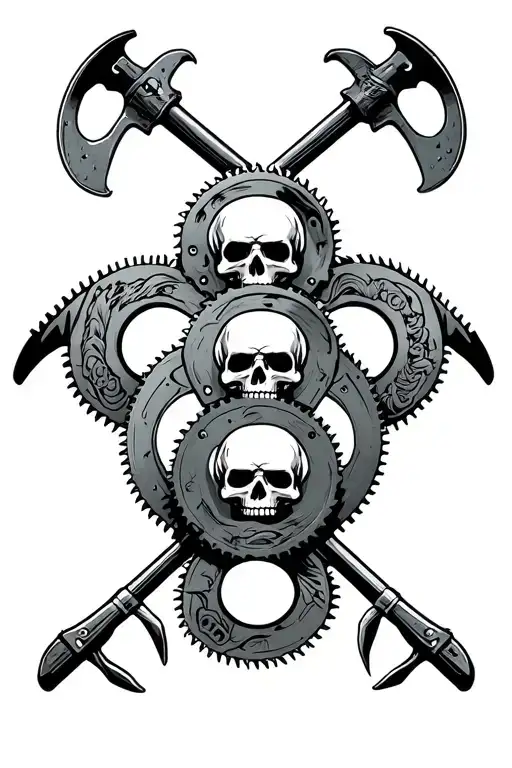 3 Circular saws stacked in a triangle formation and engraved with skulls and 2 metal pike poles crossed behind them tattoo design idea