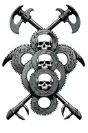 3 Circular saws stacked in a triangle formation and engraved with skulls and 2 metal pike poles crossed behind them tattoo design idea