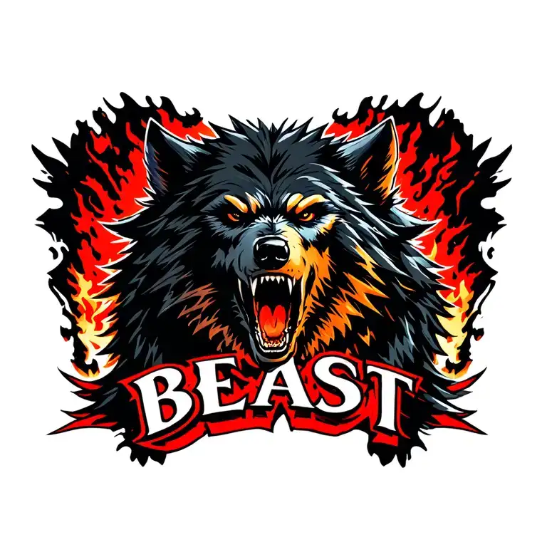centered black howling werewolf with the word "BEAST" tattoo design idea