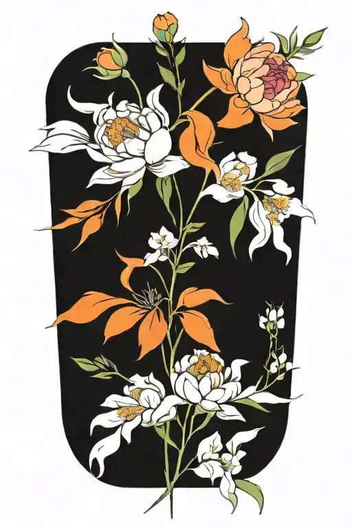 A peony and larkspur bouquet intertwined with paintbrushes and splashes of orange paint tattoo design idea