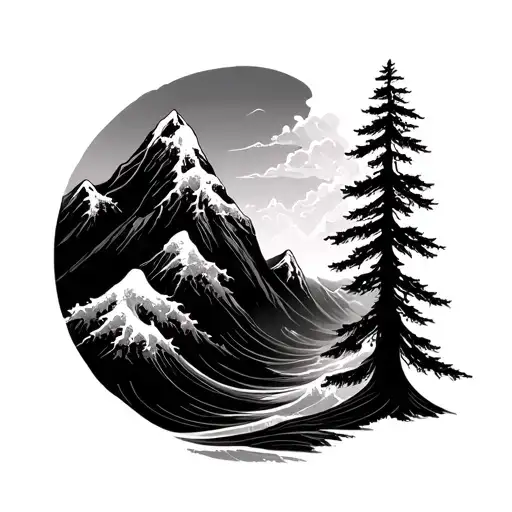 mountains waves evergreen tree  tattoo design idea