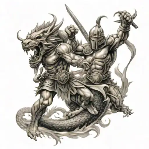 spartan warrior fighting chinese dragon tattoo design idea