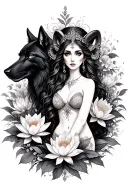 Aries sexy goddess surrounded by poeny and lotus flowers and black wolf  tattoo design idea