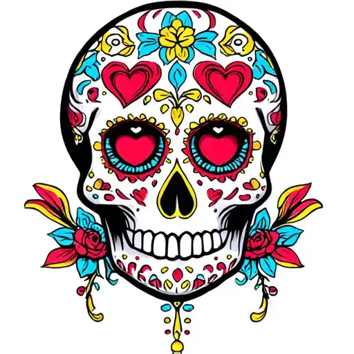 White sugar skull tattoo; heart eyes; red/blue/yellow flourishes; symmetrical; clean stencil; no background; no fabric. tattoo design idea