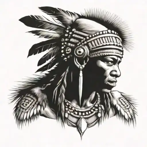 African Warrior With Native American headress tattoo design idea