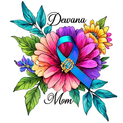 "Dewana Mom" "Dewana Mom" "Dewana Mom" august birth flowers with  multicolor cancer ribbon tattoo design idea