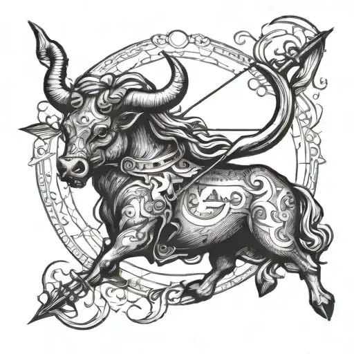 Incorporate a bow and arrow symbolizing Sagittarius zodiac sign with a tiny bull representing Taurus zodiac sign tattoo design idea
