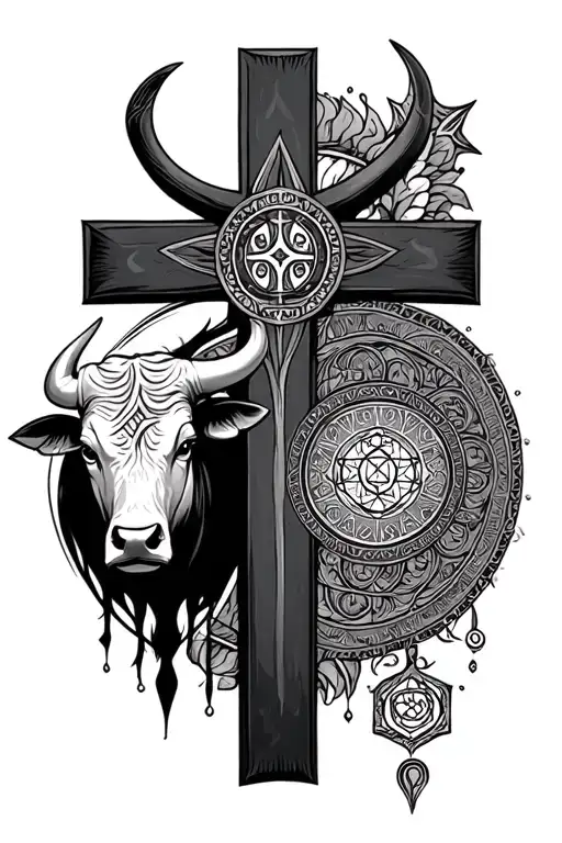 cross with a bull's head on the left side of the cross and a Romani chakra wheel on the right side of the cross tattoo design idea