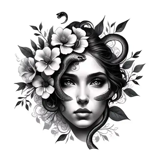 face andflowers with snake and filigre tattoo design idea