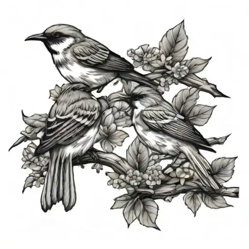 3 birds on a branch and the fourth one flies away tattoo design idea