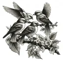3 birds on a branch and the fourth one flies away tattoo design idea
