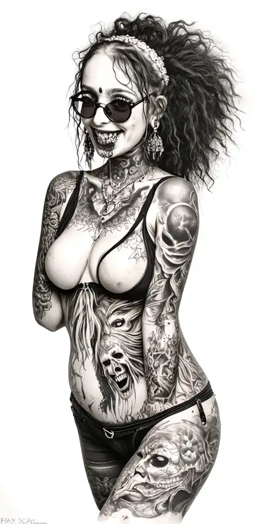Sexy Pale Girl, chubby, big boobs, wide hips, . Messy hair, indian with wearing spec. big smile.Full Body tattoo design idea