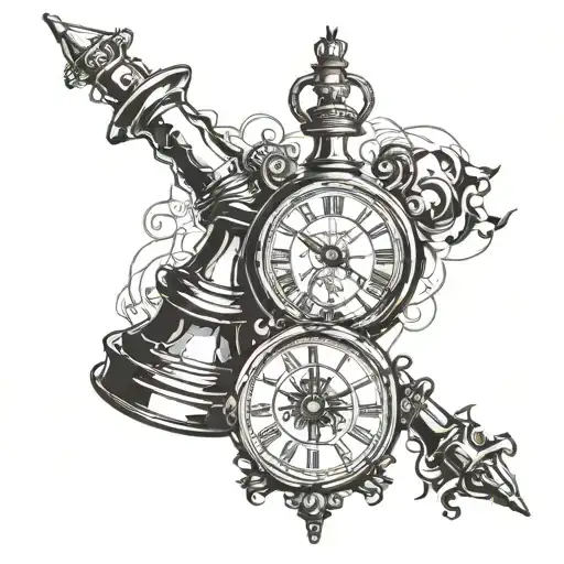 Roman numerals clock outline intertwined with king and rook chess piece for top of arm tattoo design idea