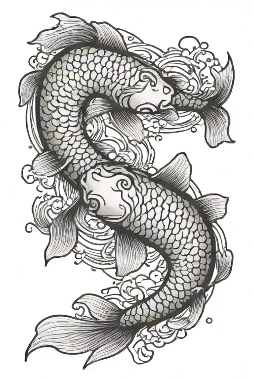 From the fingers 2 koi fish rise to the bubbles of water on the shoulders and go to the chest yin yang tattoo design idea