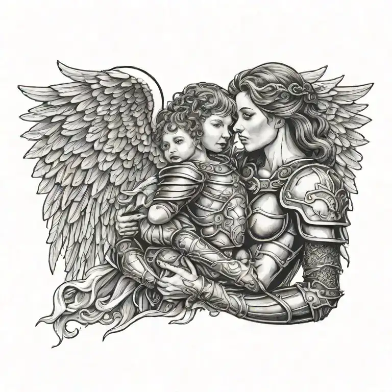 strong woman angel wearing armor protecting her baby tattoo design idea