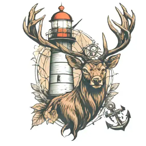 stag head, lighthouse and anchor intertwined tattoo design idea