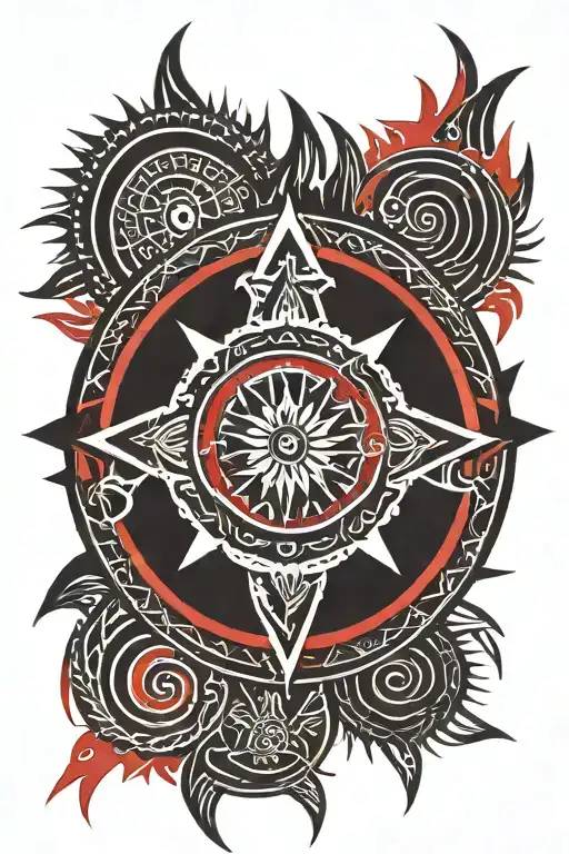 Black and red tribal sun tattoo for the elbow, with sharp geometric rays and red accents tattoo design idea