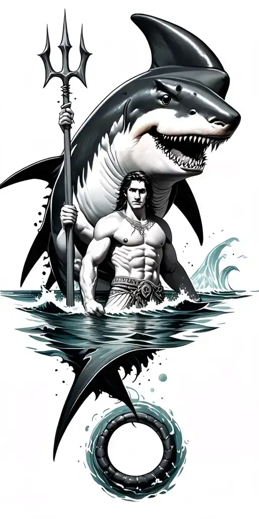 mako shark with ocean theme and Poseidon holding a trident tattoo design idea