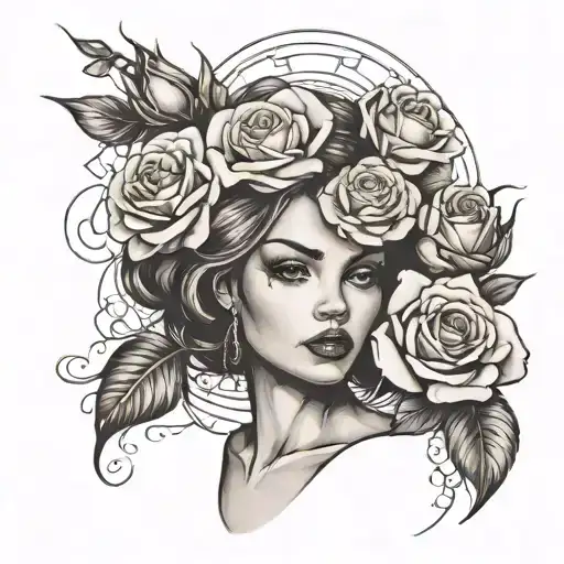 roses and girl face tattoo design idea
