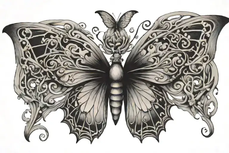 beauty of a butterfly with its more ominous side. Instead of colorful wings, the butterfly has thorns or claws, symboliz tattoo design idea
