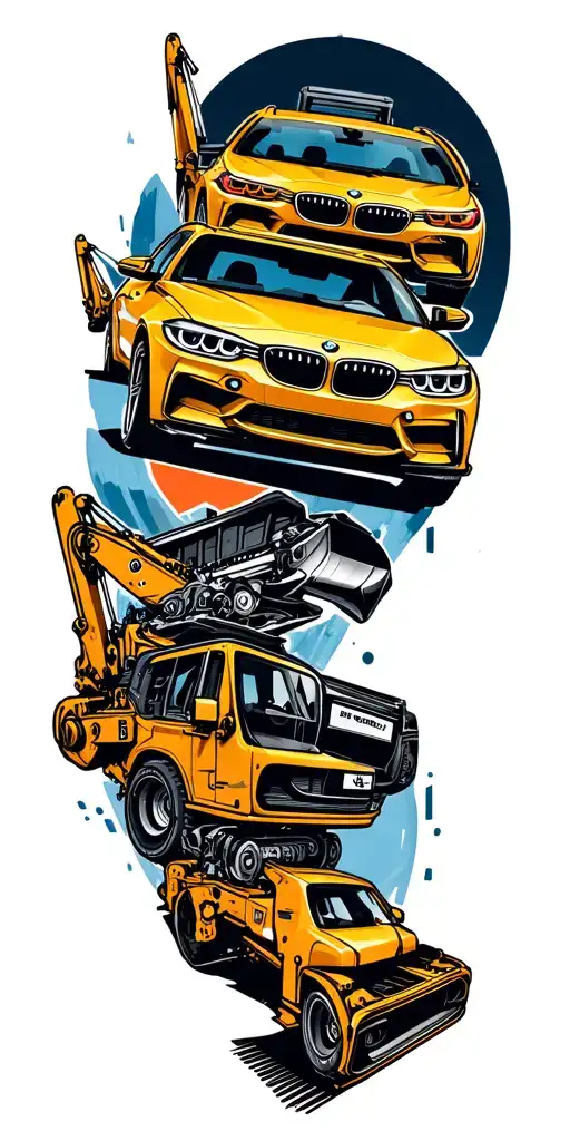A neotraditional design of a music-themed sleeve tattoo incorporating elements of construction machinery and the client's favorite car, the BMW F30 2012 tattoo design idea