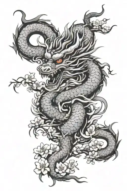 Japanese dragon and cherry blossom flowers intertwined tattoo design idea