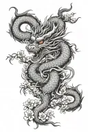 Japanese dragon and cherry blossom flowers intertwined tattoo design idea