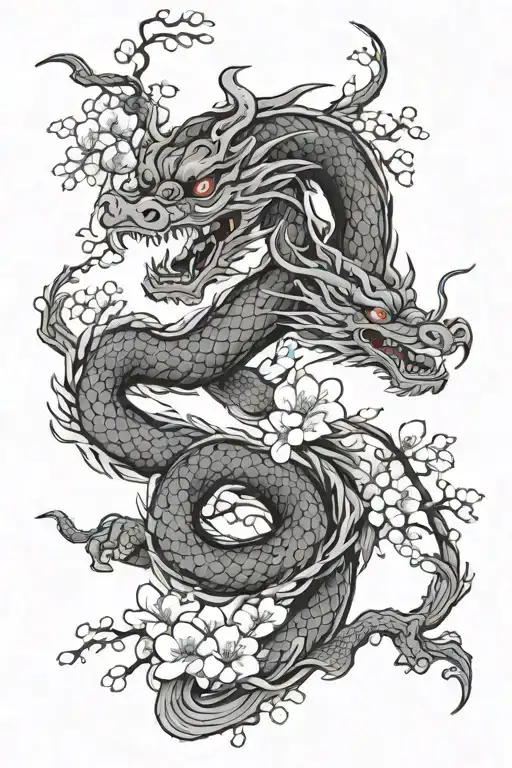Japanese dragon and cherry blossom flowers intertwined tattoo design idea