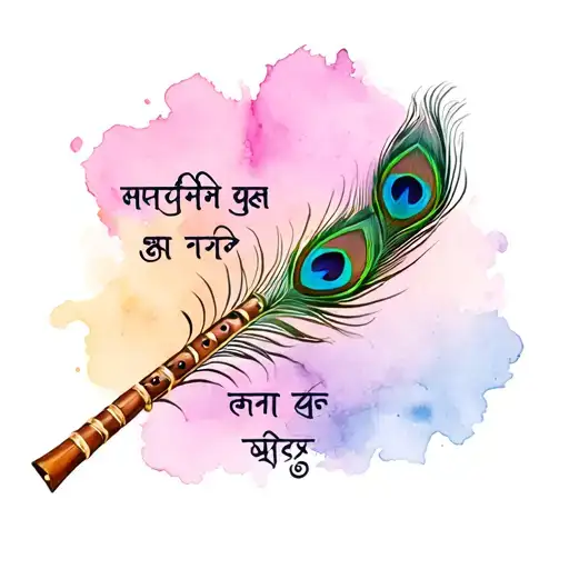 "अहं योद्धा अस्मि" gemini sign flute peacock feather and a sanskrit words tattoo design idea