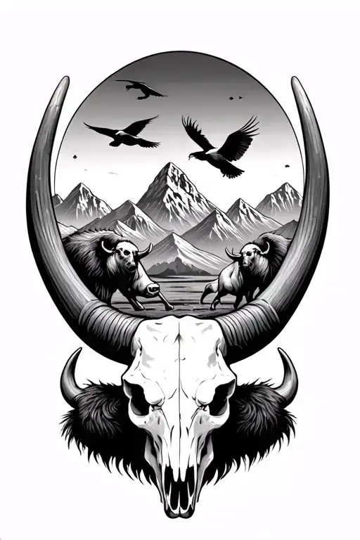long horn bull skull with 2 bison fighting in the middle with mountains between the horns and birds flying  tattoo design idea