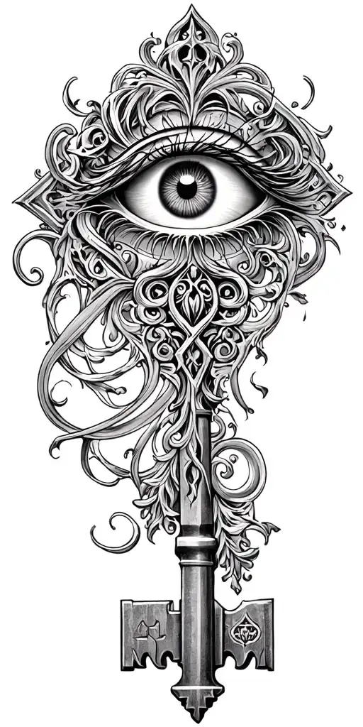 Detailed hand tattoo of an ornate gothic key with an eye in the center, symbolizing hidden truths. tattoo design idea