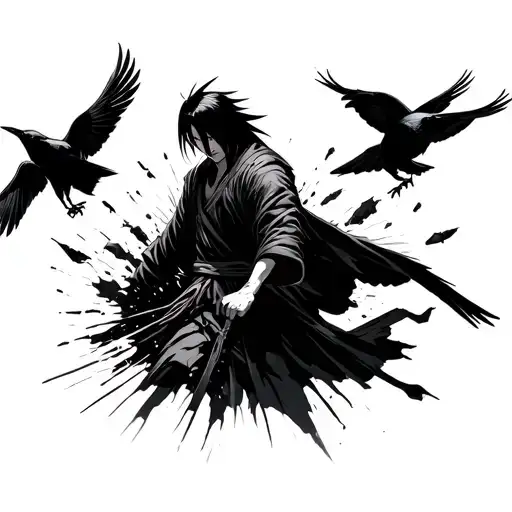itachi sillouette breaking into crows in his genjutsu tattoo design idea