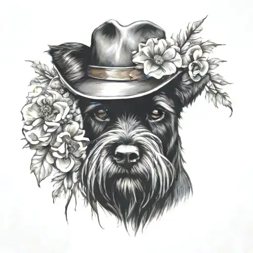 all black schnauzer with cowgirl hat and brown eyes and flowers looking to the side tattoo design idea