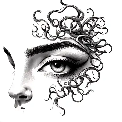 medusa, only top how of face, microblading brows, only outline tattoo design idea