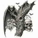 poison tree with bats and grim reaper standing tattoo design idea