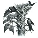 poison tree with bats and grim reaper standing tattoo design idea