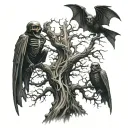 poison tree with bats and grim reaper standing tattoo design idea