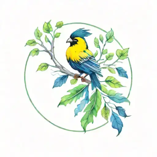 Fenerbahçe logo with acorn branch concept in yellow, dark blue, green and black colors tattoo design idea