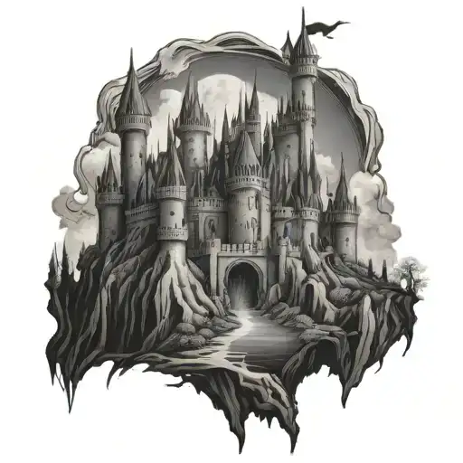 dark fantasy castle tattoo design idea