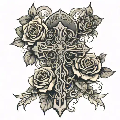 Cross with Blesses and roses intertwined tattoo design idea