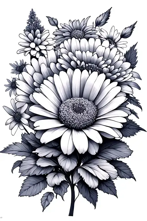 - daisy- Rose- Larkspur- Carnation x2- Violet - Chrysanthemum - Aster fine line tattoo design idea