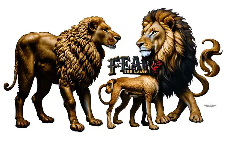Lion on right side of the chest lamb on the left side of chest in the middle it says fear the lamb tattoo design idea