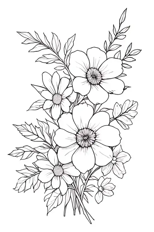 Draw a fineline tattoo of a flower bouquet with aster, morning glory, holly, paperwhite narcissus, daffodil, sakura tattoo design idea