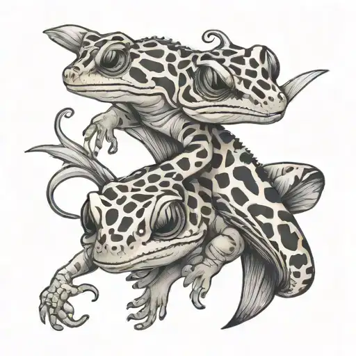 Crested gecko and leopard gecko intertwined tattoo design idea