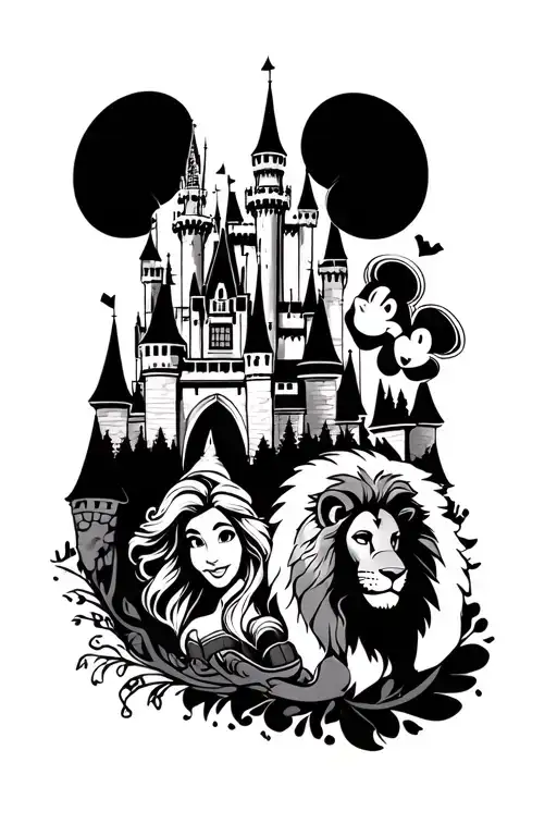 disney theme with iconic castle, mickey ears, tangled, beauty and the beast, aladdin, and the lion king incorporated  tattoo design idea