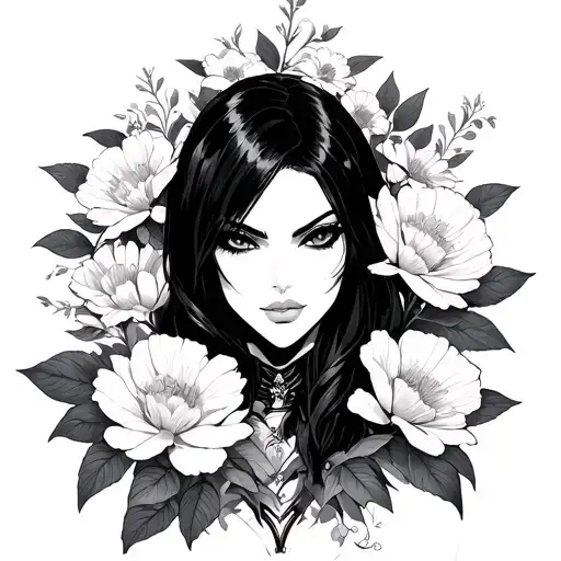 Nico Robin One Piece surrounded by flowers growing tattoo design idea